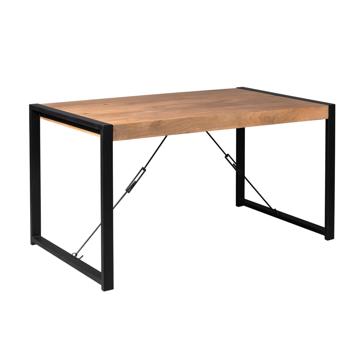 Eettafel met lichtbruin houten blad en zwarte metalen schragen, schuine bracing