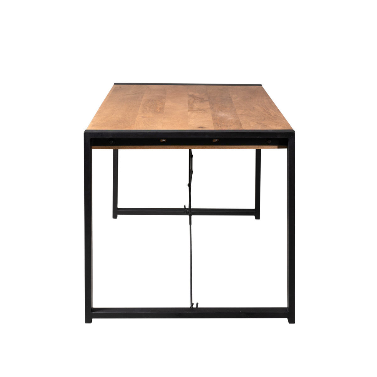 Eettafel met lichtbruin houten blad en zwarte metalen open frameconstructie