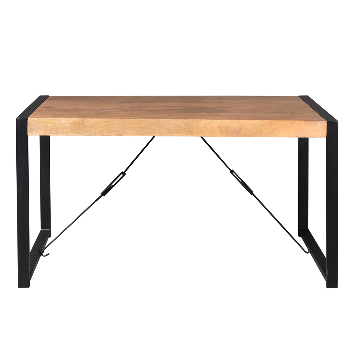 Eettafel onderaanzicht met houten blad en zwarte metalen steunbeugels in X-vorm