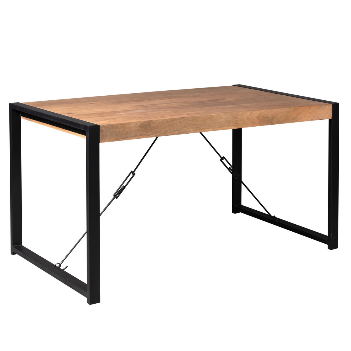 Eettafel in perspectief: houten blad met zwart metalen frame en schuine stabilisatiebeugels