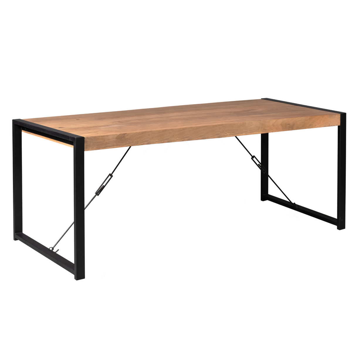 Eettafel Boaz met houten blad, zwart metalen frame en schuine steun onder het blad.