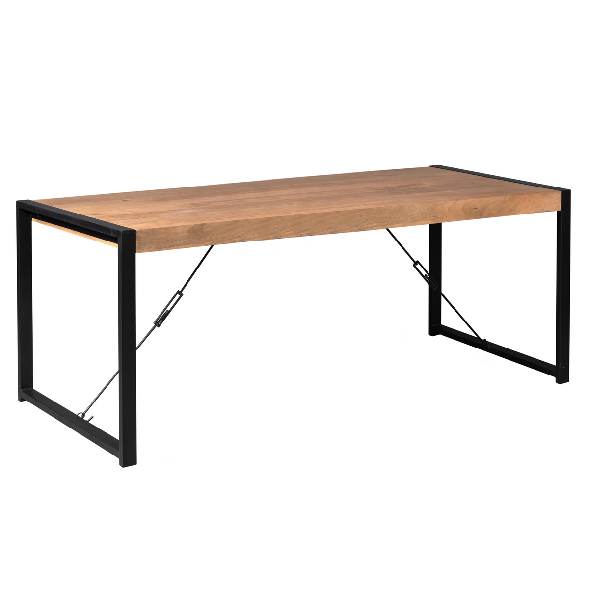 Eettafel met houten blad, zwarte U-vormige poten en diagonale schoren
