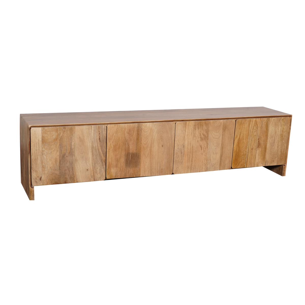 Tv-meubel met houten ladenfront en afgeronde hoeken; zicht op nerf en pootjes.