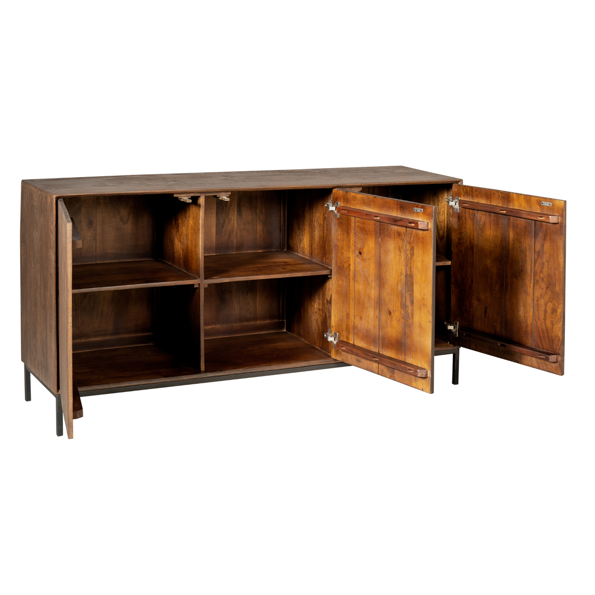Bruin dressoir met open deuren en legplanken in het interieur
