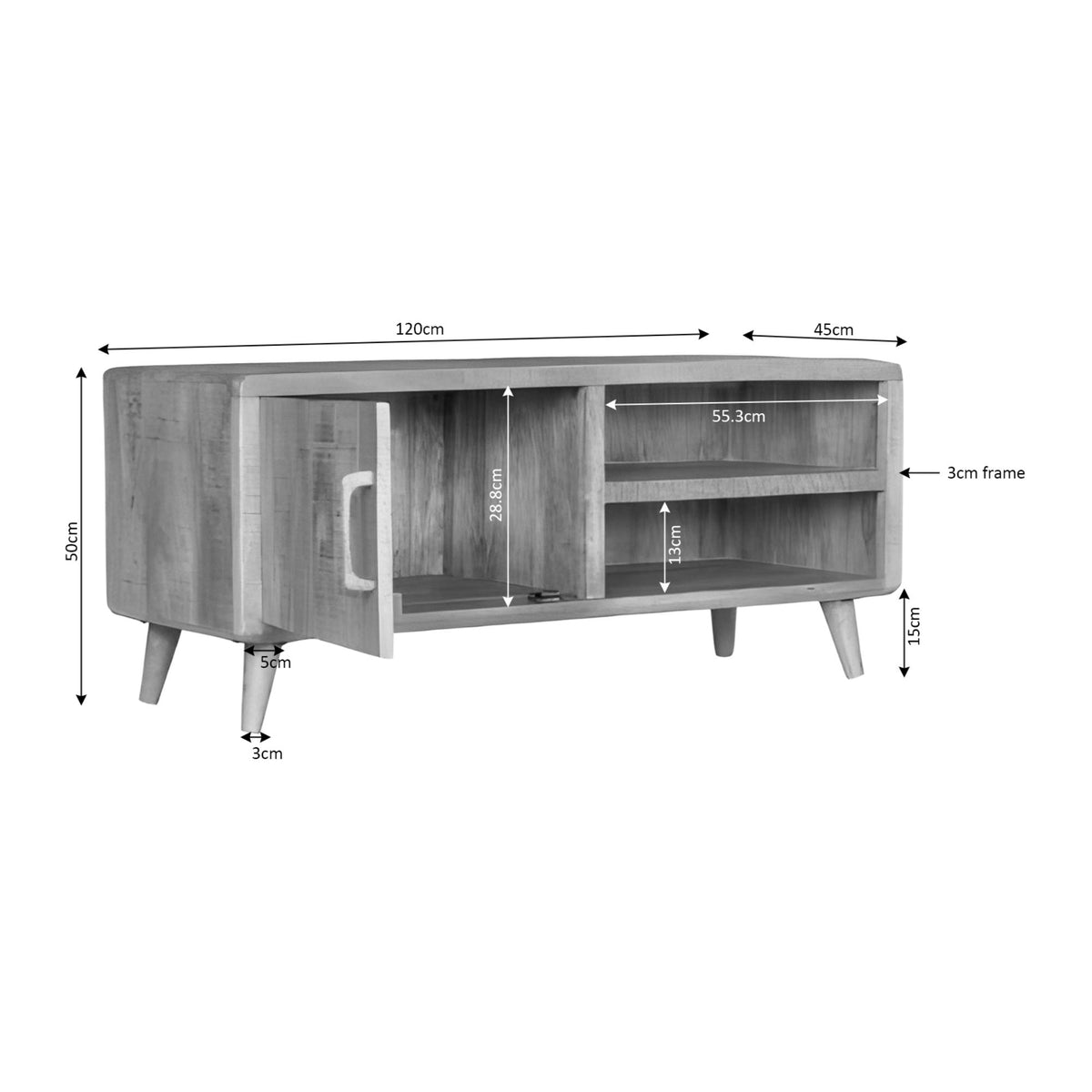 Dressoir maatvoering in cm: 120 cm breed, 55 cm hoog en 45 cm diep.