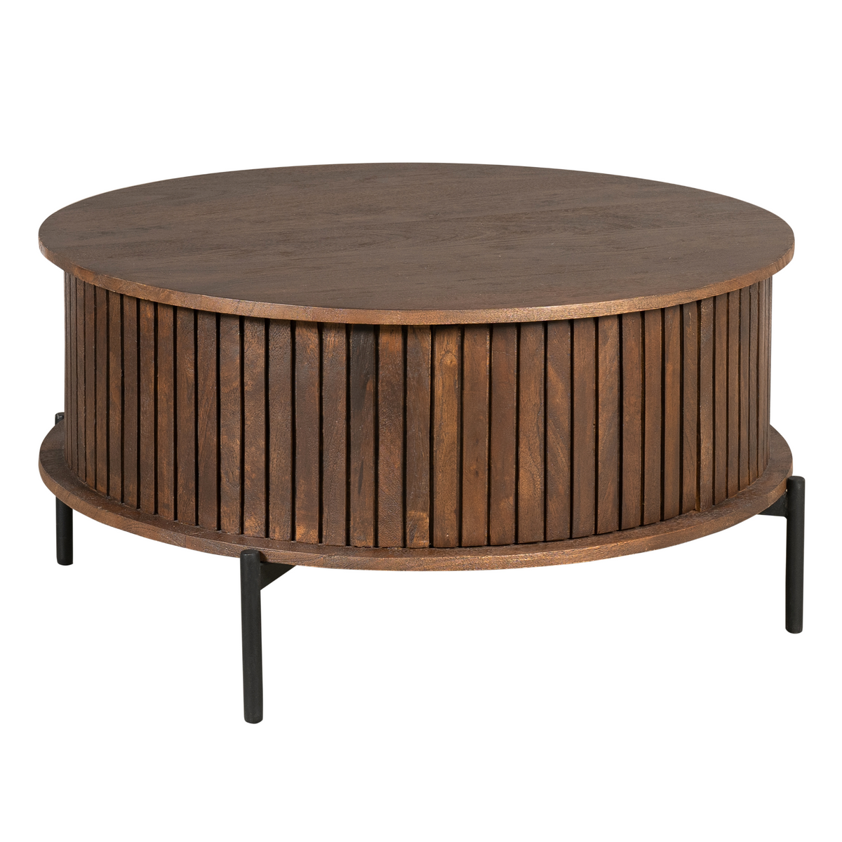 Ronde salontafel met houten lamellen en donkerbruine afwerking, ronde blad en poten