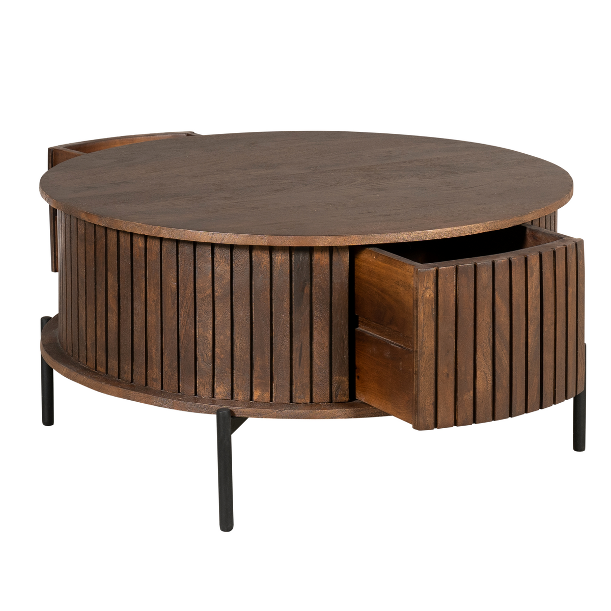Ronde salontafel met houten lamellen, ronde kastvorm met open lade en zwarte poten