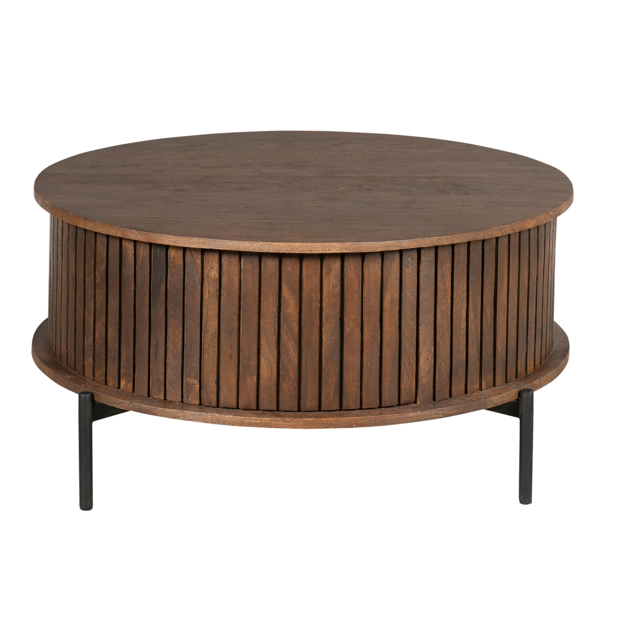 Ronde bruine houten salontafel met rond blad, verticale latten en zwarte poten