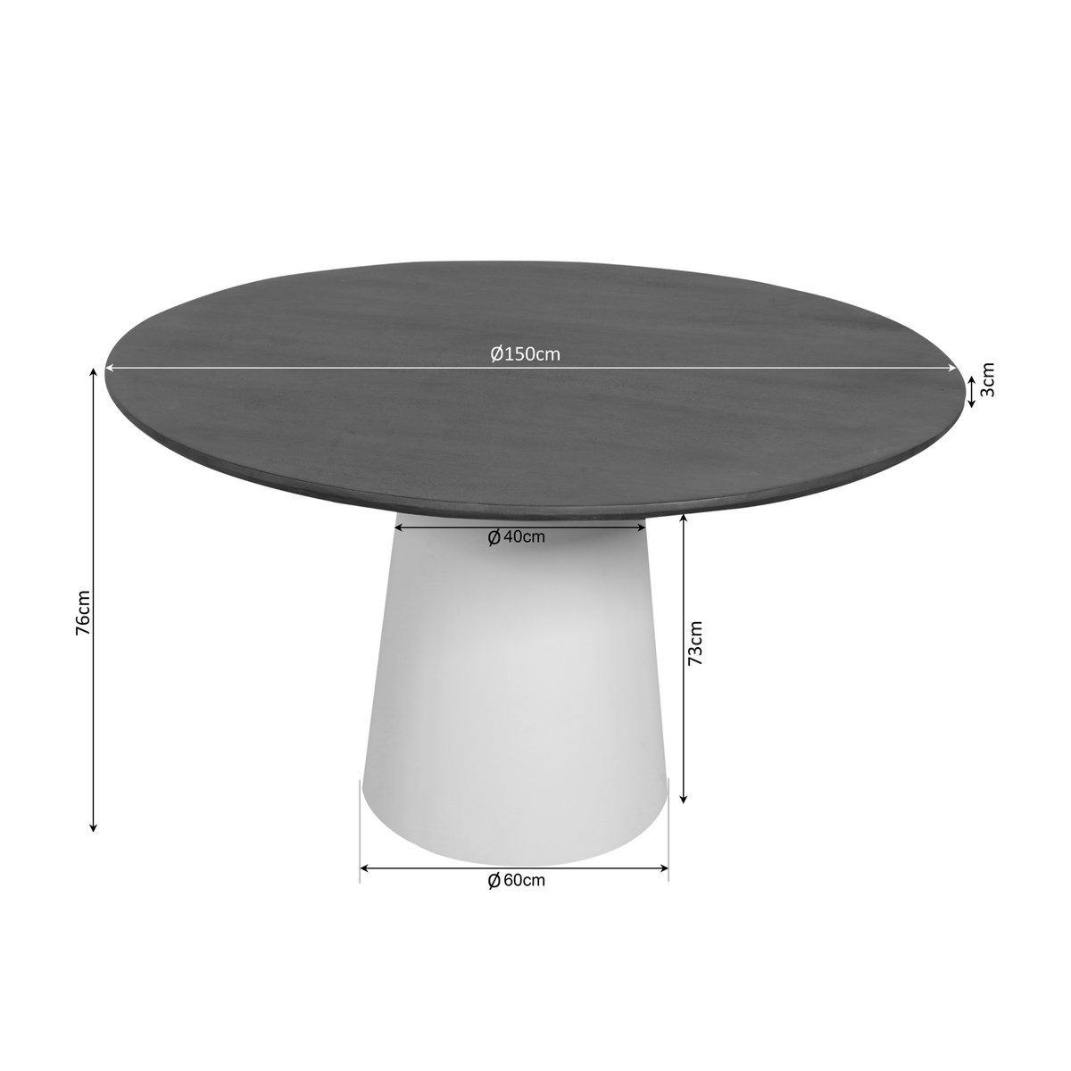Ronde eettafel Ø150 cm, hoogte 76 cm, voet Ø60 cm