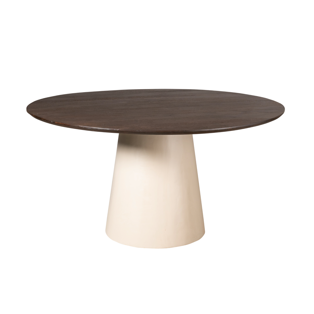 Ronde eettafel met donkerbruin blad en witte conische voet