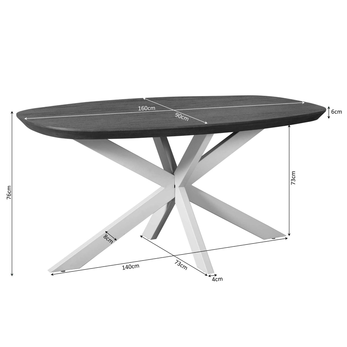 Ovale eettafel met maatlabels 160 cm en 75 cm, donkerbruin blad, zandkleurige poten