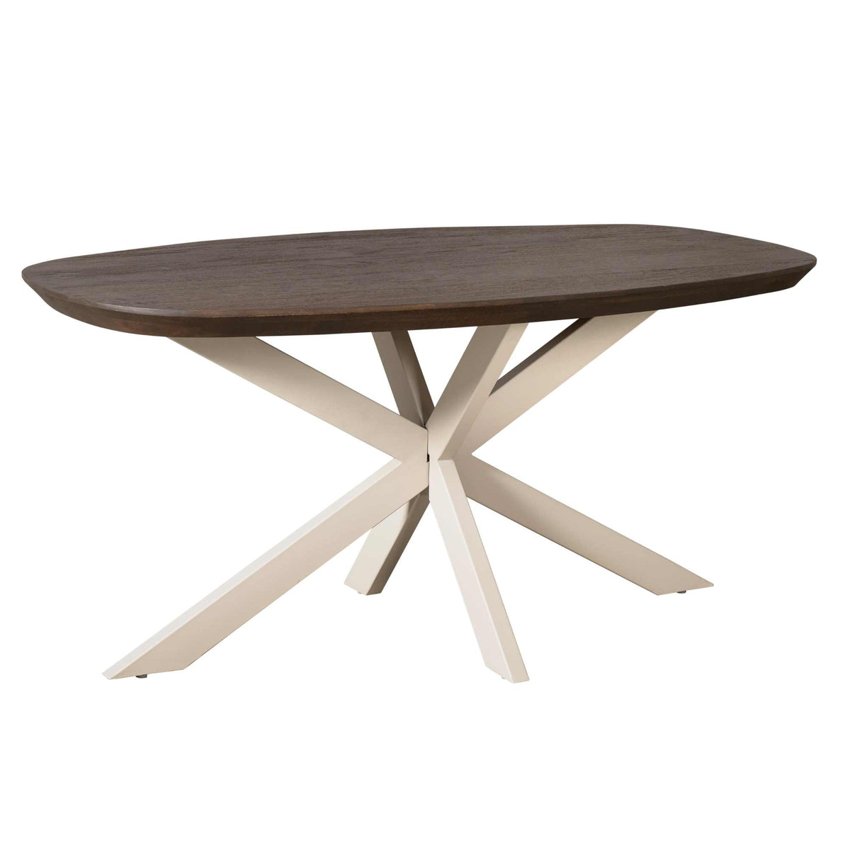 Ovale eettafel met donkerbruin blad en zandkleurige pootconstructie in X-vorm