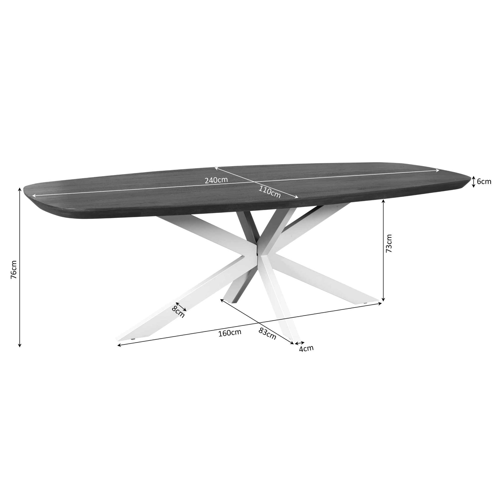 Ovale eettafel met afmetingen, bruin blad en zandkleurig kruis-poot onderstel