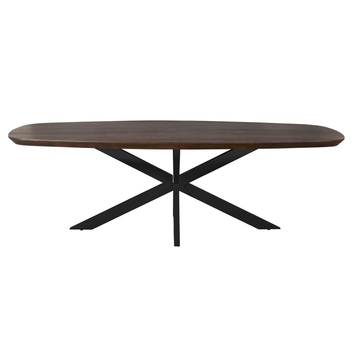 Eettafel met langwerpig ovaal bruin blad en zwarte kruispoot