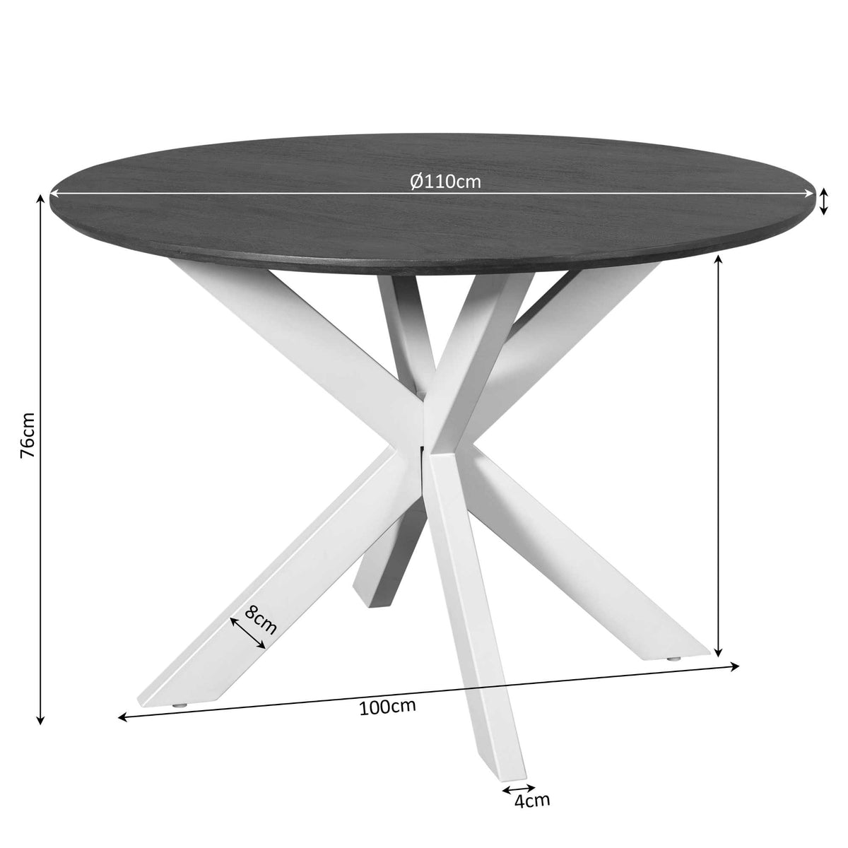 Ronde eettafel Ø110 cm, 75 cm hoog; 100 cm breed, poot 4 cm
