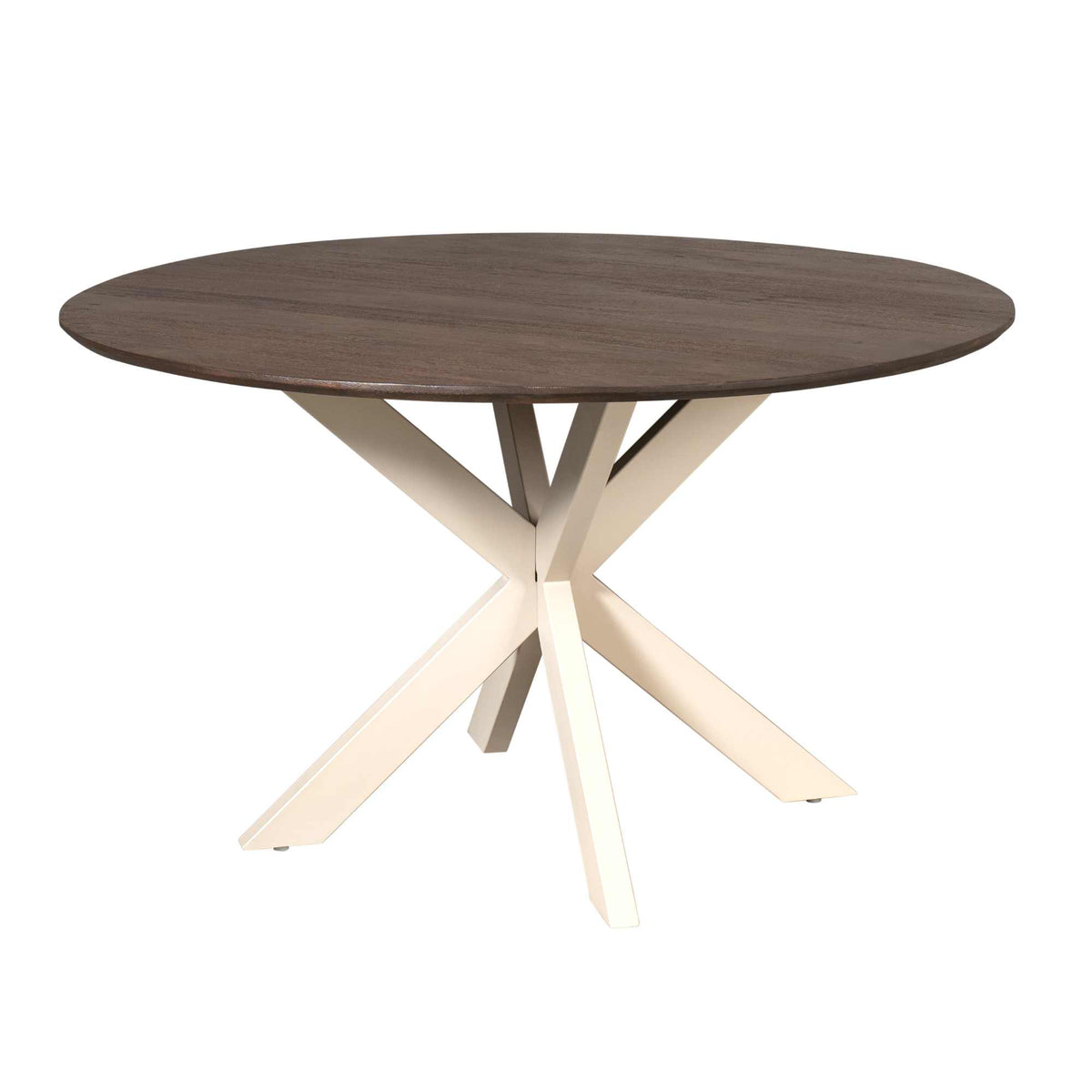 Ronde eettafel met donkerbruin blad en witte kruisvormige houten poten