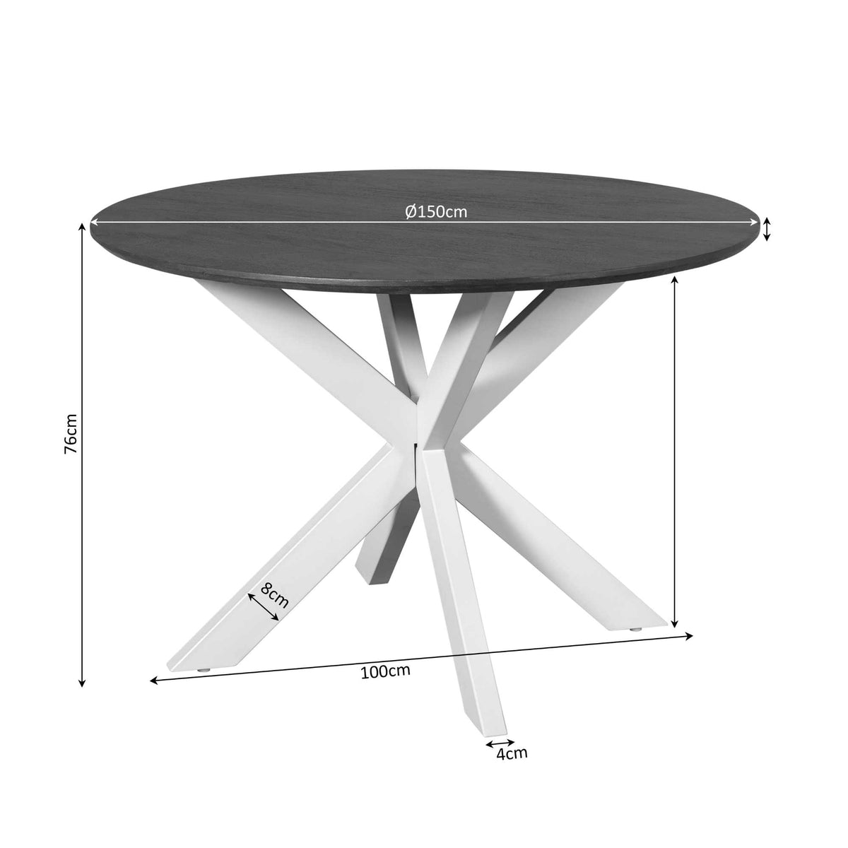 Ronde eettafel Ø150 cm, donkerbruin blad, hoogte 76 cm, witte poten