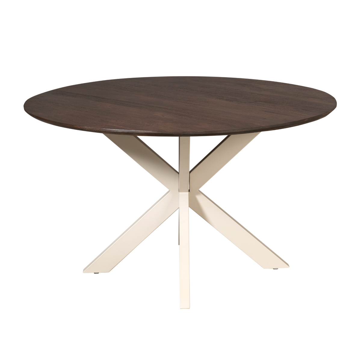 Ronde eettafel met donkerbruin tafelblad en zandkleurige kruisvormige poten