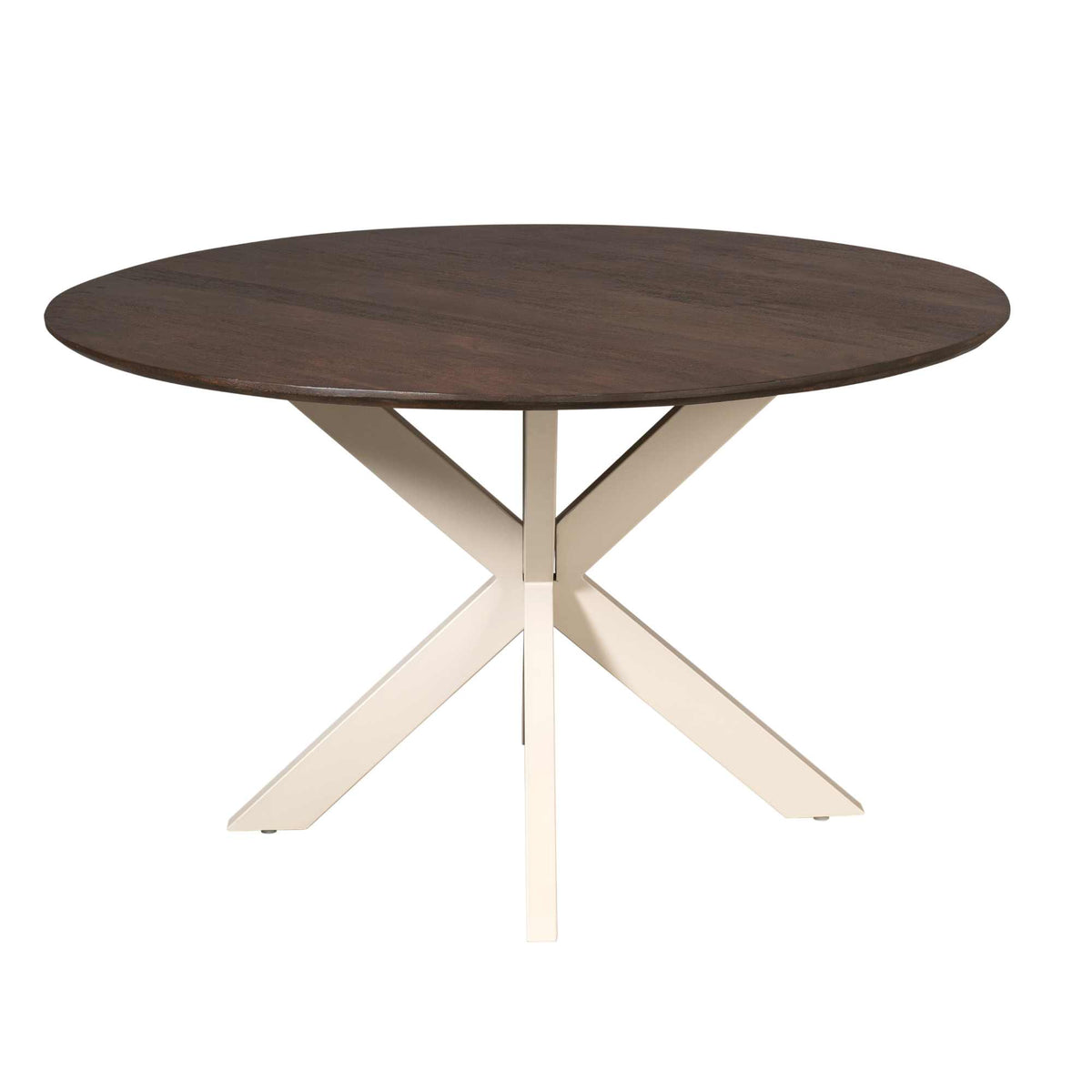 Ronde eettafel met donkerbruin rond tafelblad en zandkleurige X-poten