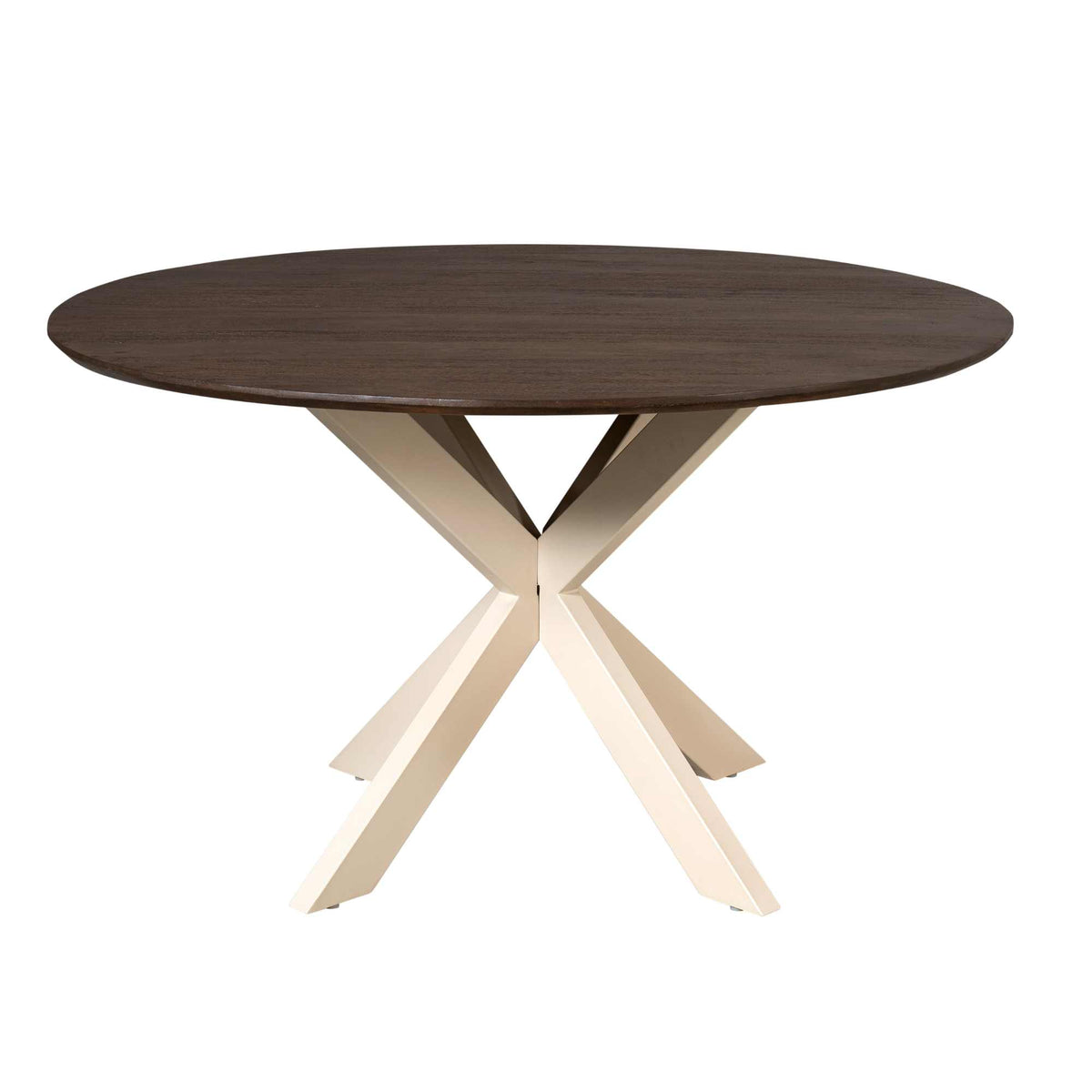 Ronde eettafel met donkerbruin tafelblad en lichtgekleurde kruispoten