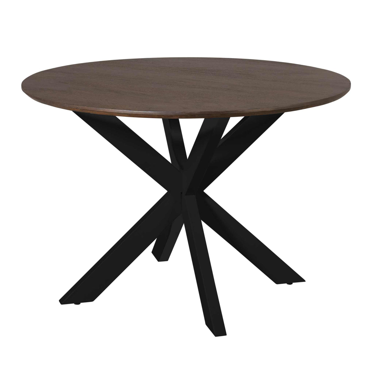 Ronde eettafel met donkerbruin blad en zwarte kruisvormige poten