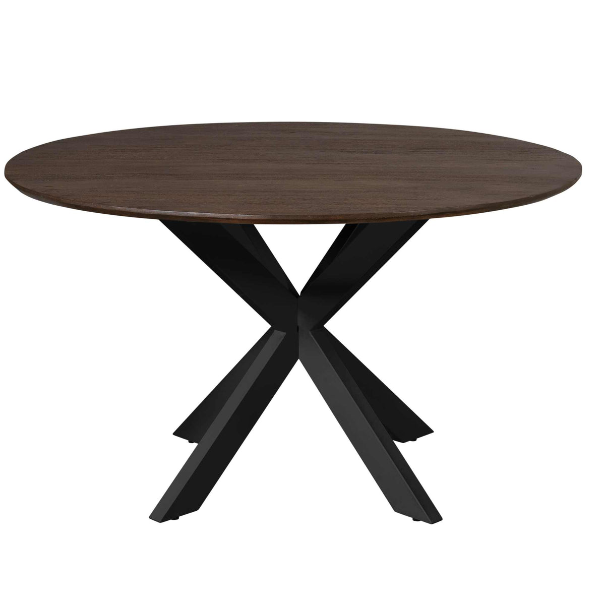 Ronde eettafel met bruin blad en zwarte taps toelopende poten