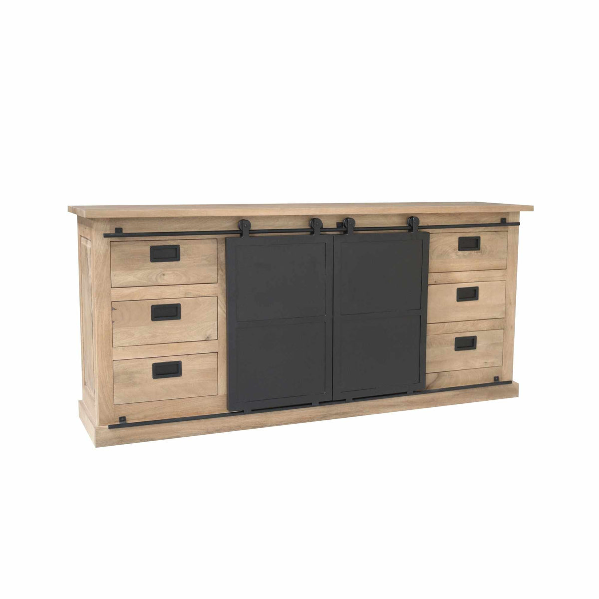 Dressoir Fresno met centrale zwarte deuren en zijladen, rustiek licht hout, 200 cm