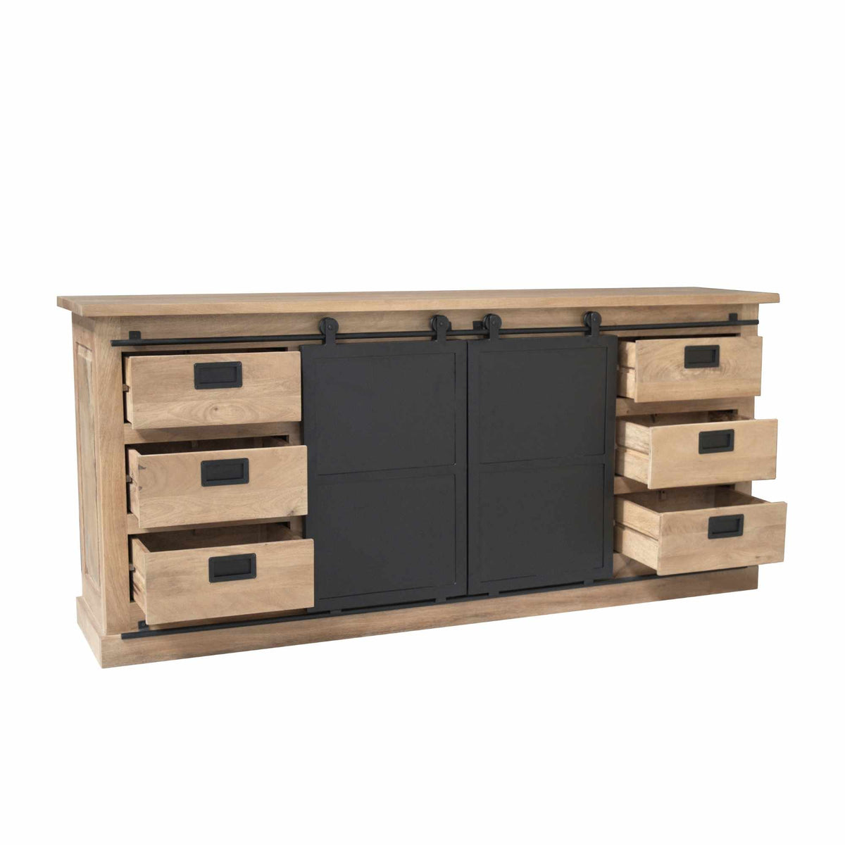 Dressoir Fresno met zwarte middenpaneeldeuren en uitgeschoven laden, licht hout, 200 cm