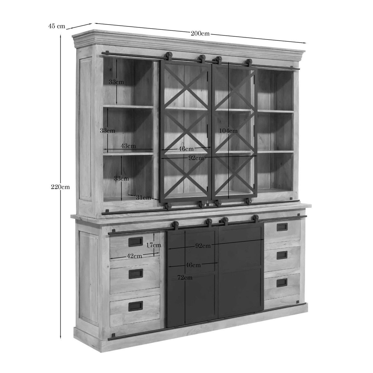 Vitrinekast 200×220×45 cm: houten kasten met zwarte ruitroosters en deuren