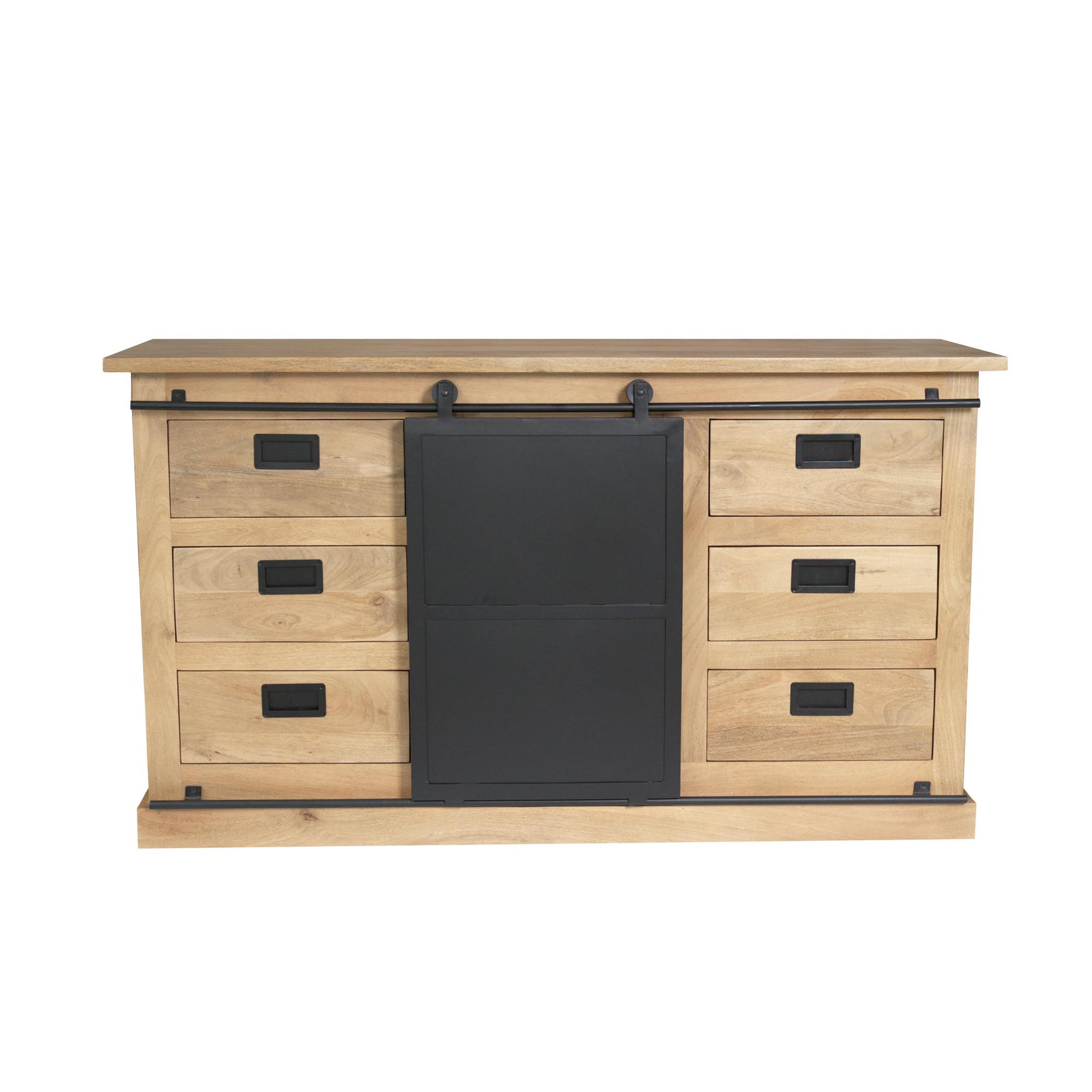 Dressoir Fresno met 6 lades en zwarte middelpanelen, 2 zwarte grepen bovenaan