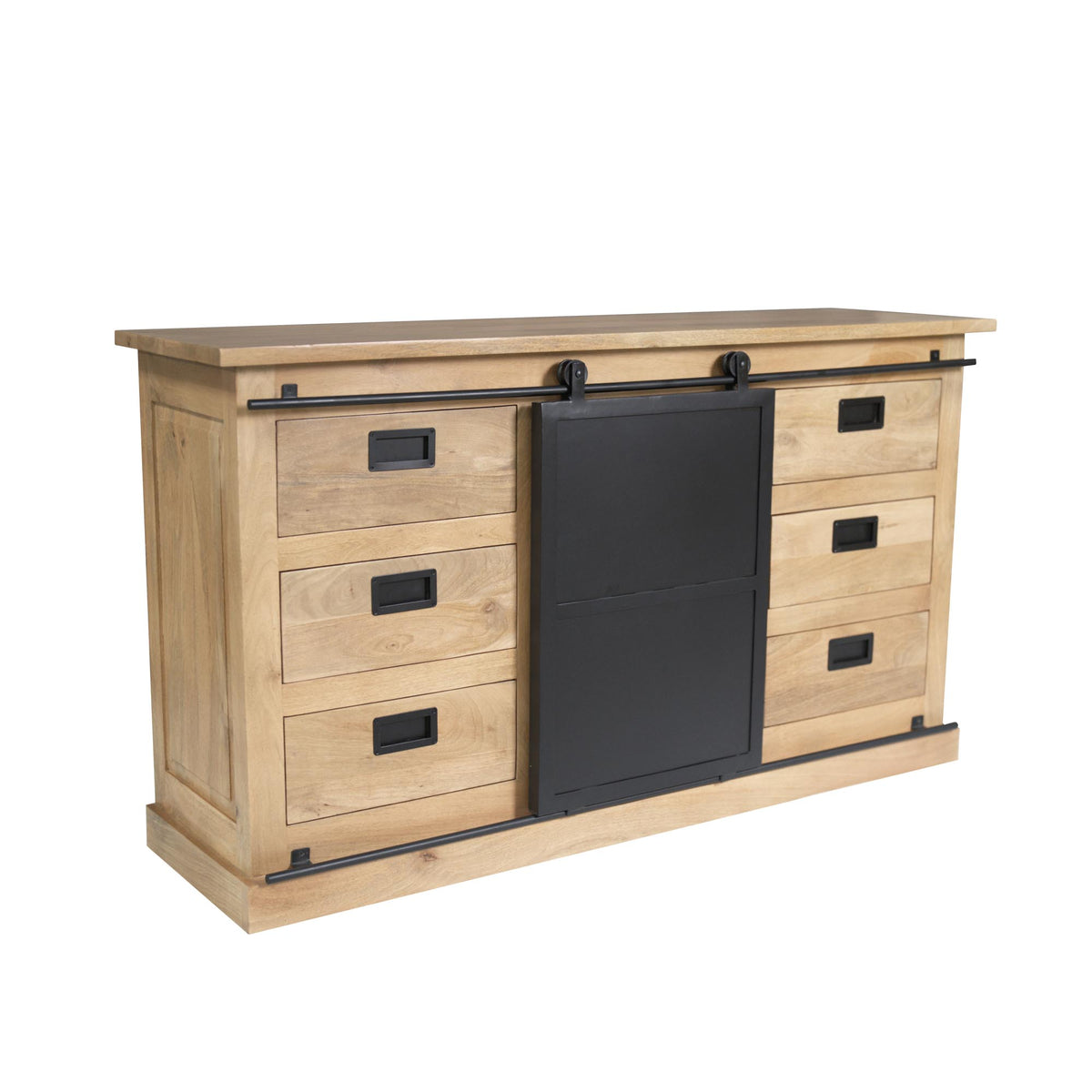 Dressoir met zijwaartse ladencassette en zwarte deurpaneel, 4 zwarte grepen bovenaan