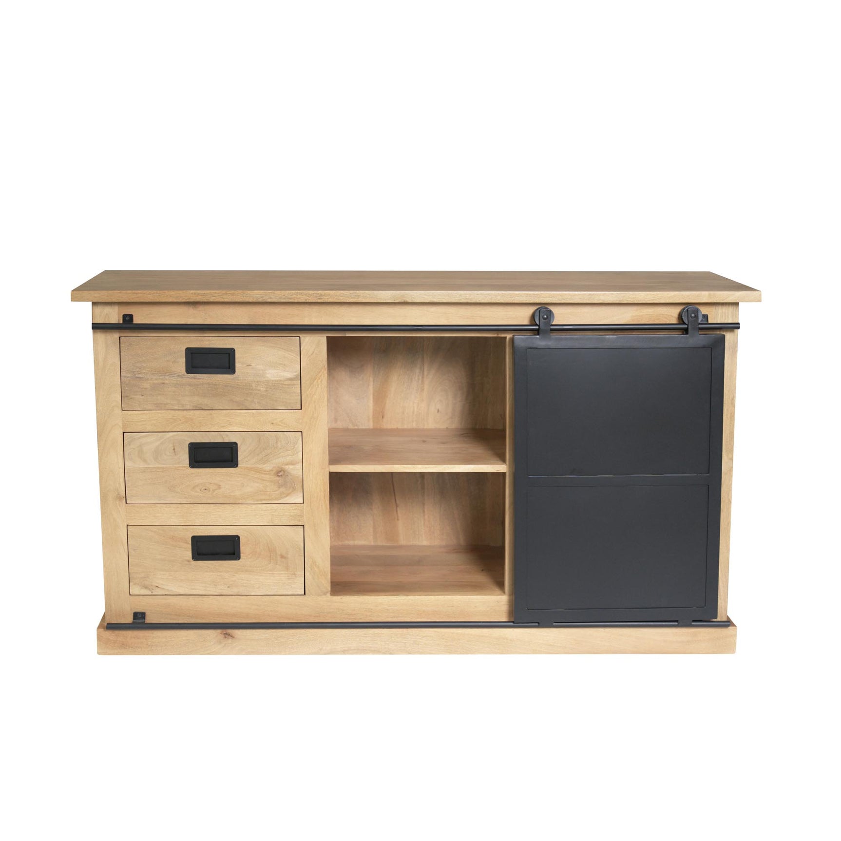 Dressoir Fresno open vak links en zwarte deur rechts, met 2 lades linksboven