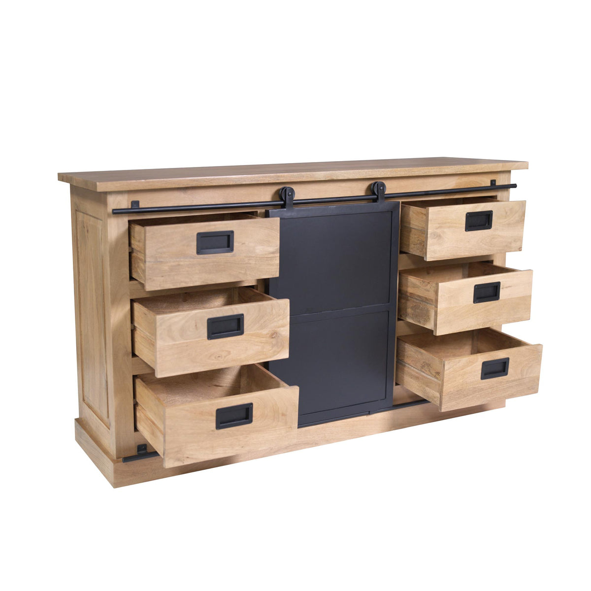 Dressoir met open middendeel en zwarte deur, meerdere frontlades in houteffect