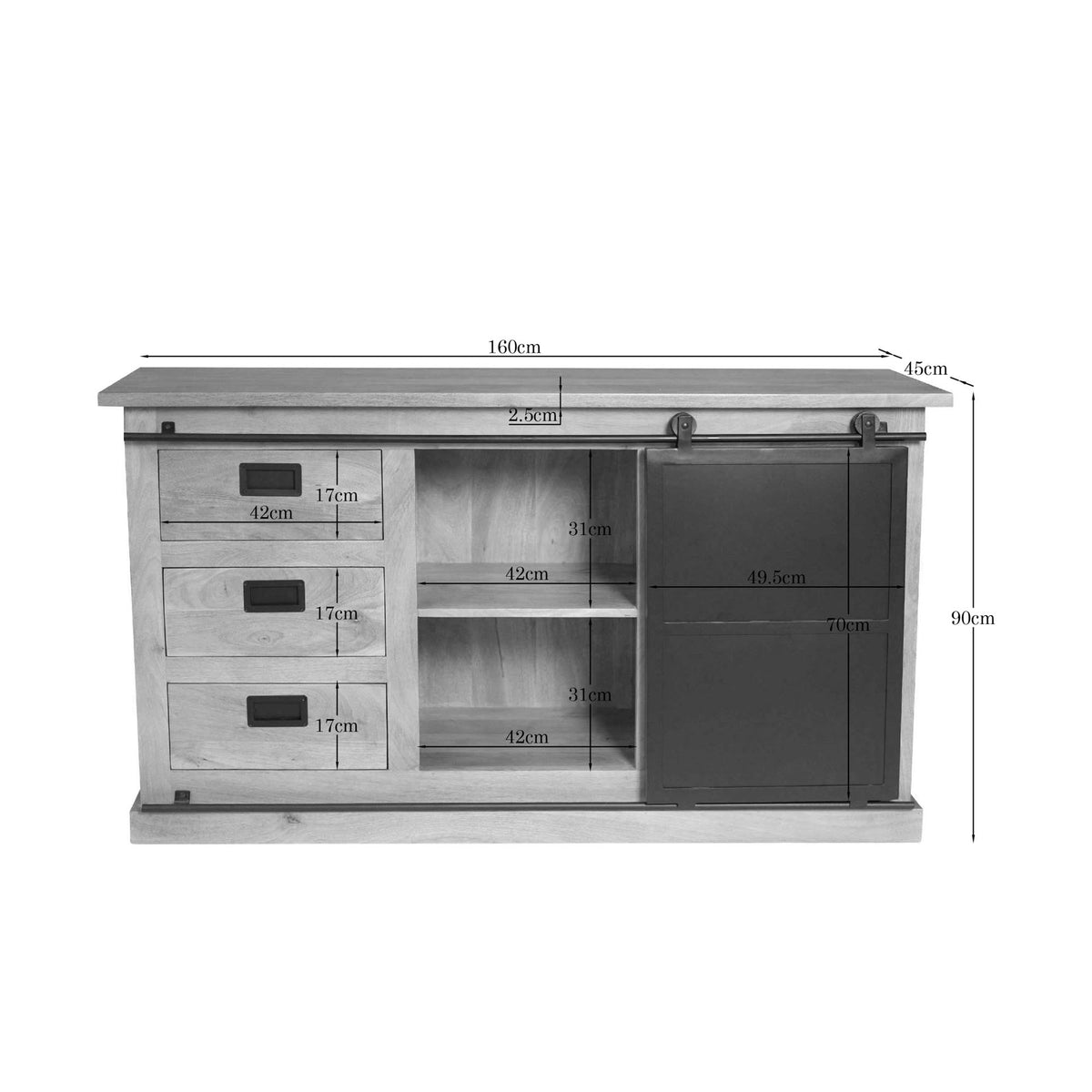 Dressoir Fresno met afmetingen, houten fronten en zwarte middenpaneeldeur