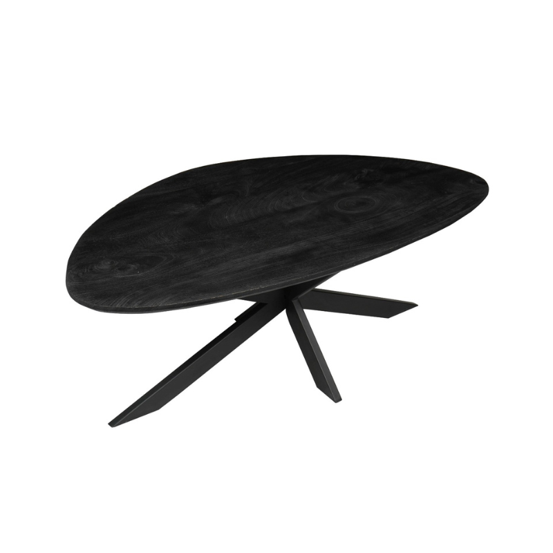 Zwarte ronde salontafel met schuin onderstel en rond houten blad