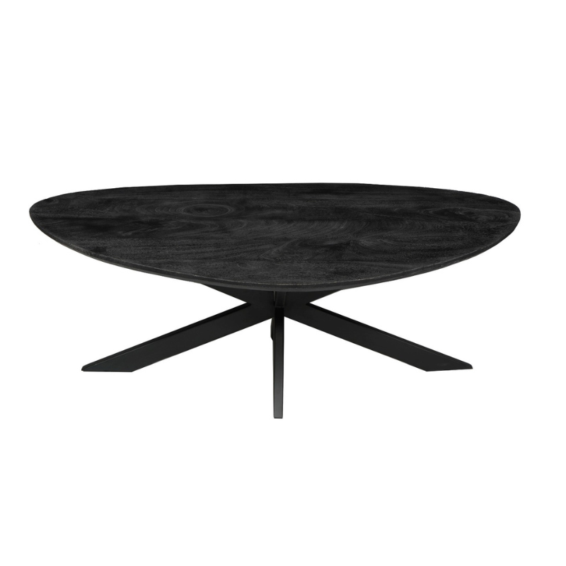 Zwarte ronde salontafel met vijfpuntig onderstel en houten blad