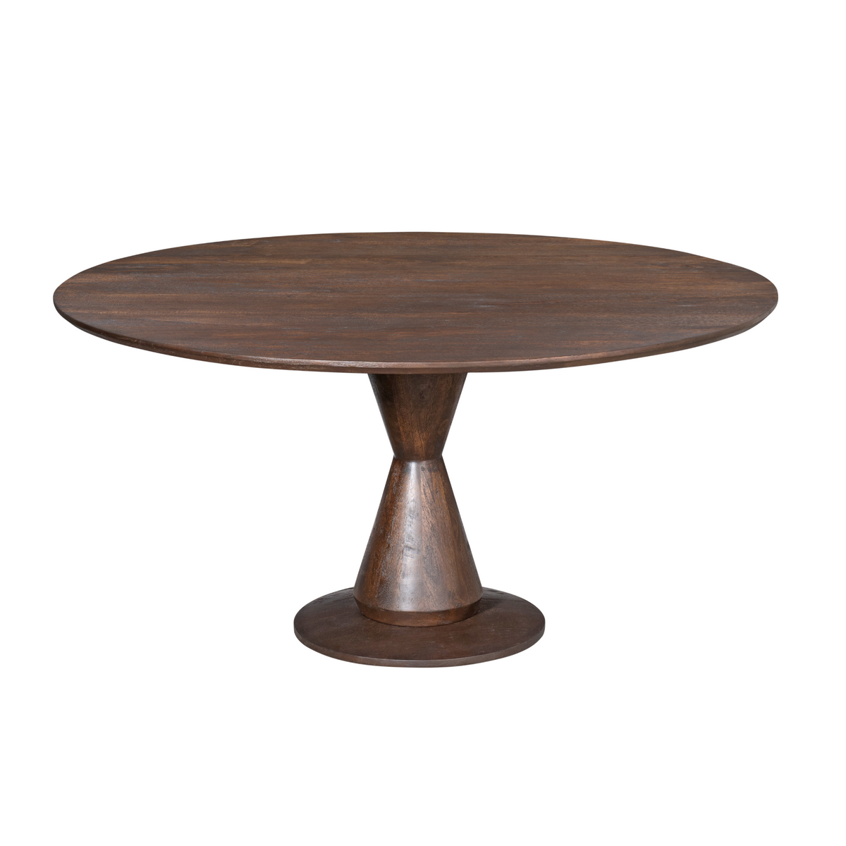 Ronde bruin houten eettafel met centrale conische poot en ronde voet
