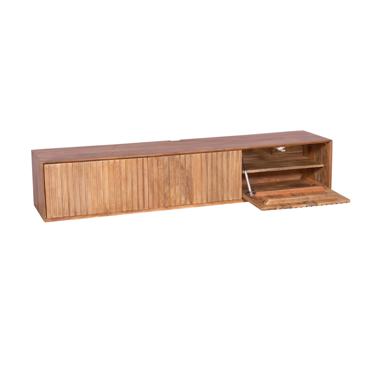 Tv-meubel Madison Naturel met open opbergbak rechts en verticale frontlatten