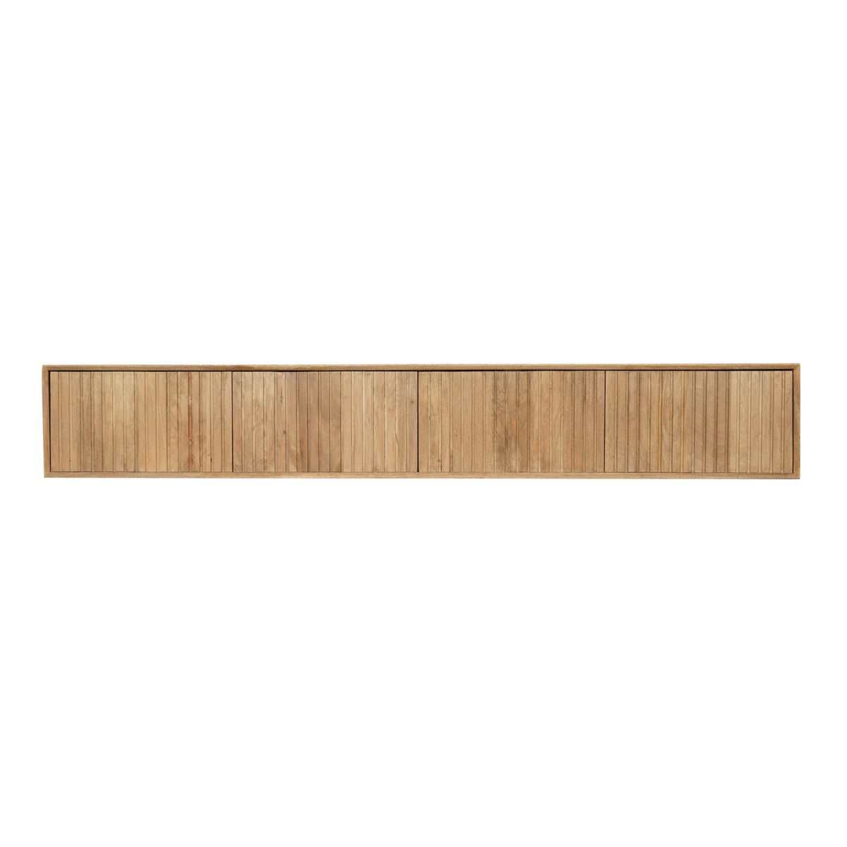 Zwevend tv-meubel, naturel hout, lang front met verticale lamellen