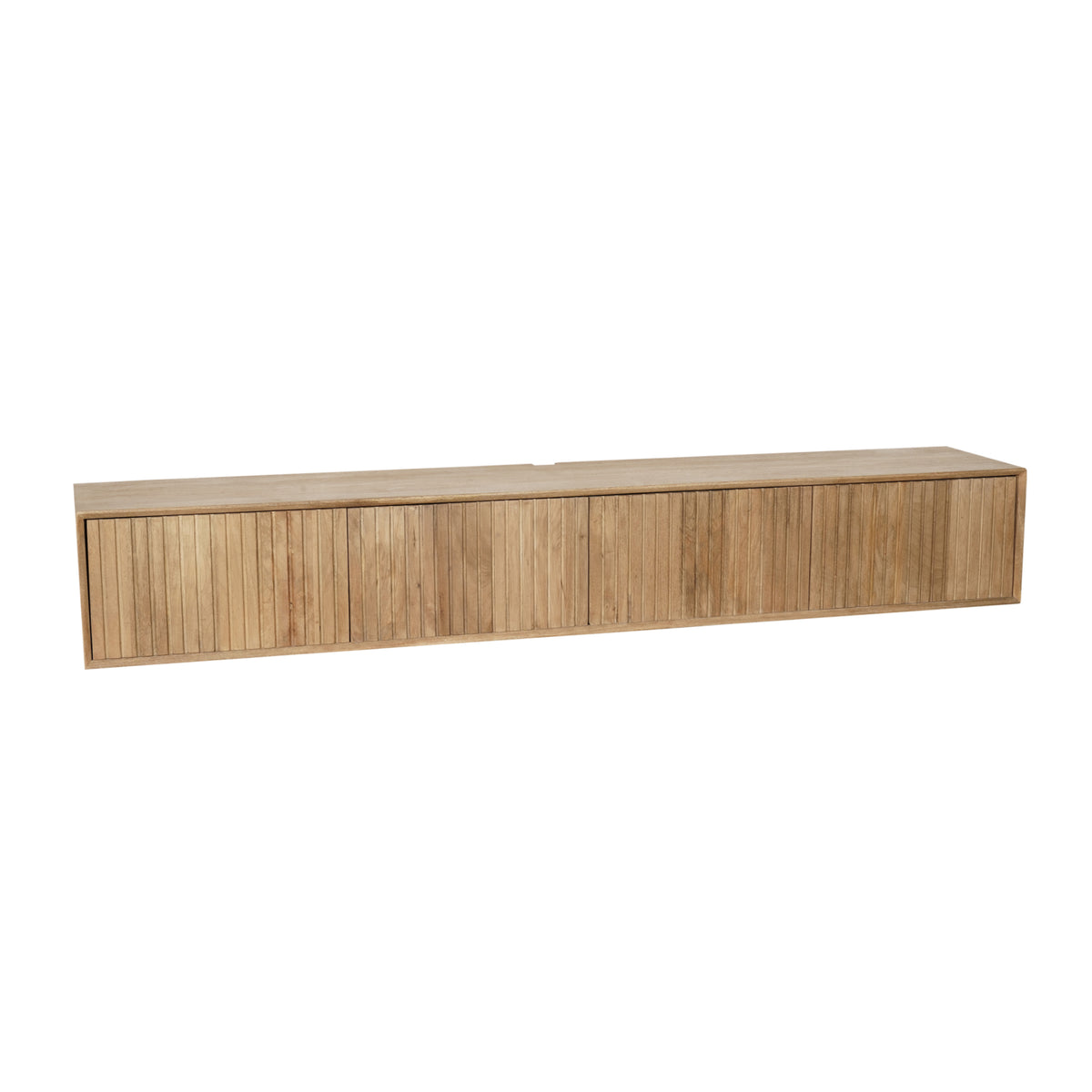 Zwevend tv-meubel, naturel hout, zijkant met lange frontlamellen en rechte vorm