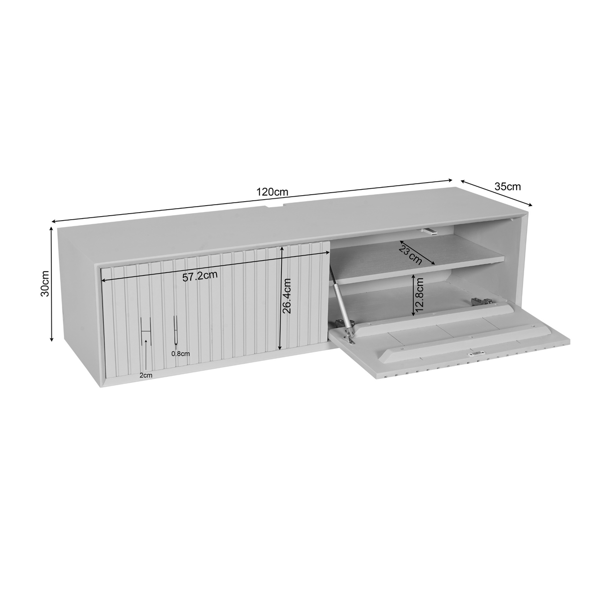Tv-meubel maatvoering 120×35×30 cm; open klep met 12,8 cm hoogte