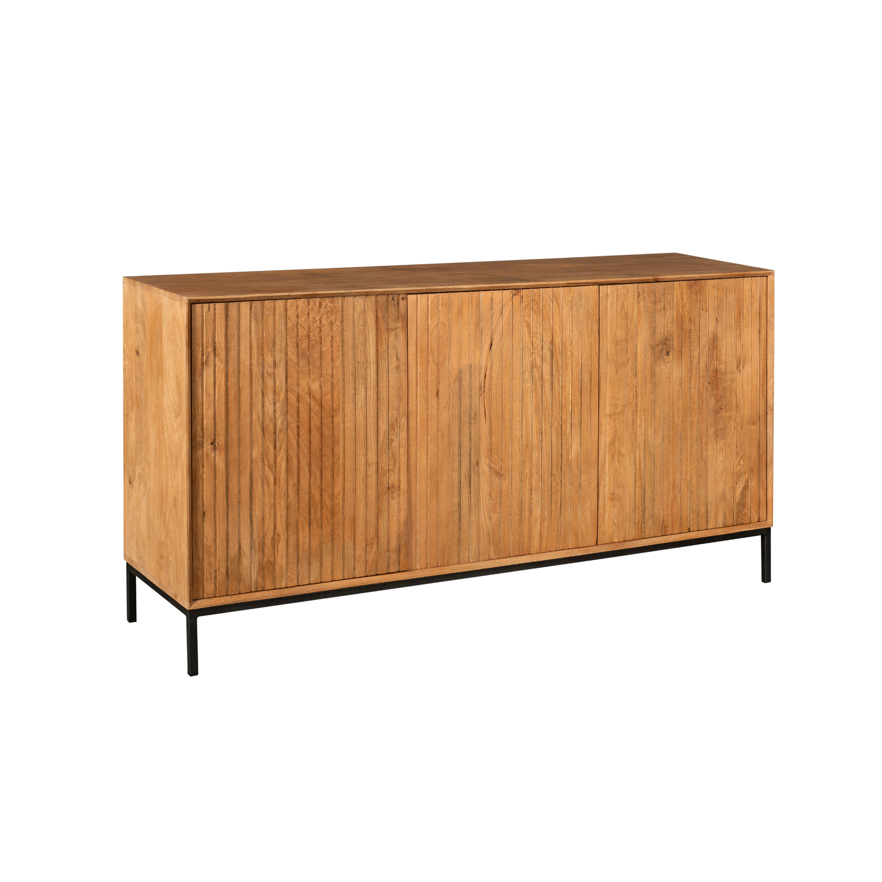 Dressoir in natuurhout met lattenfront en taps zwarte poten.