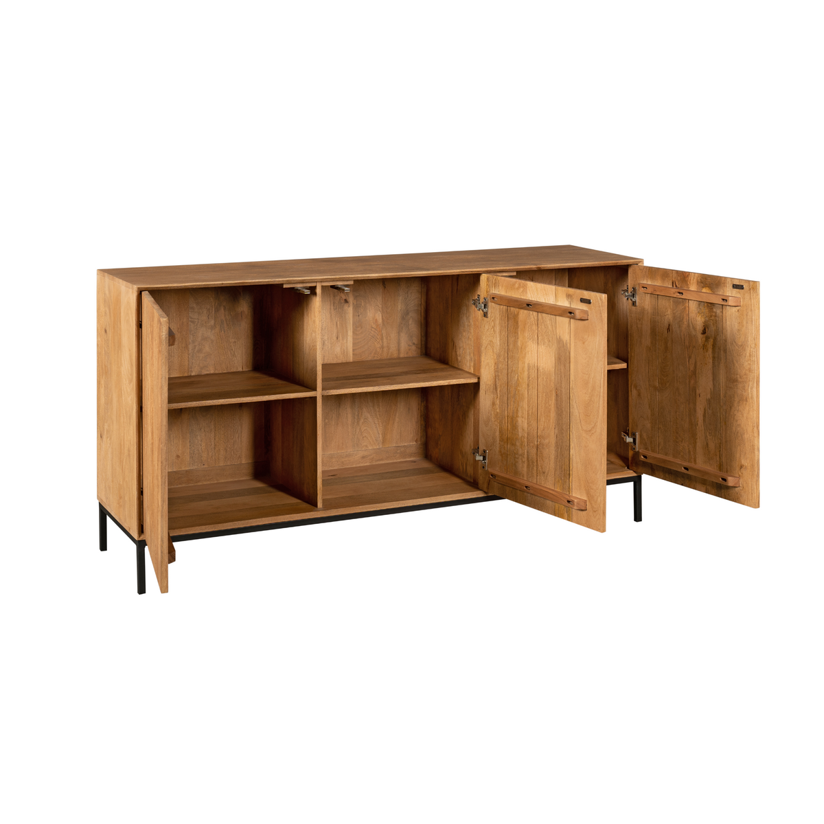 Dressoir met open deuren en twee legplanken, natuurhouten interieur.