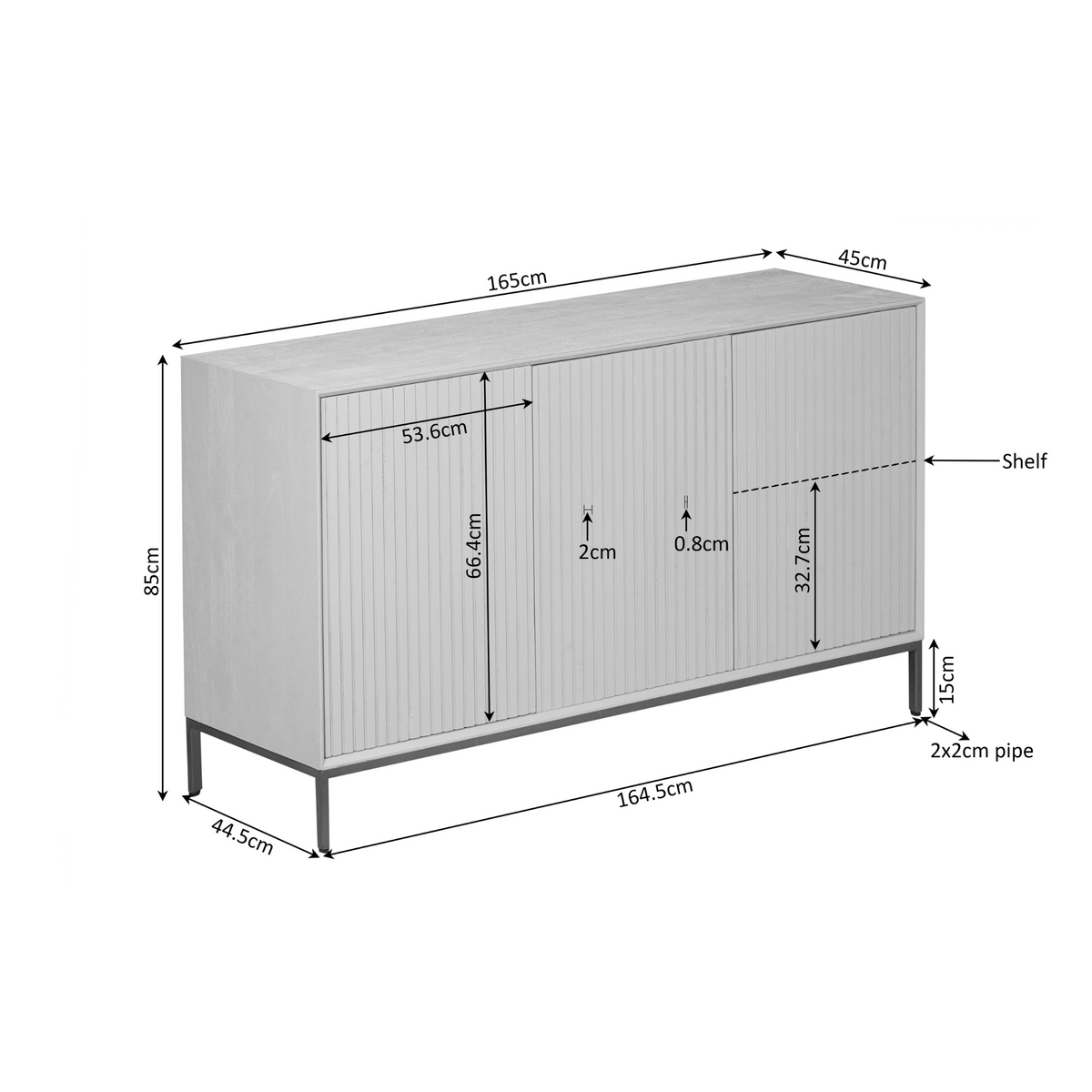 Afmetingen van dressoir: 165 cm breed, 66,6 cm hoog.