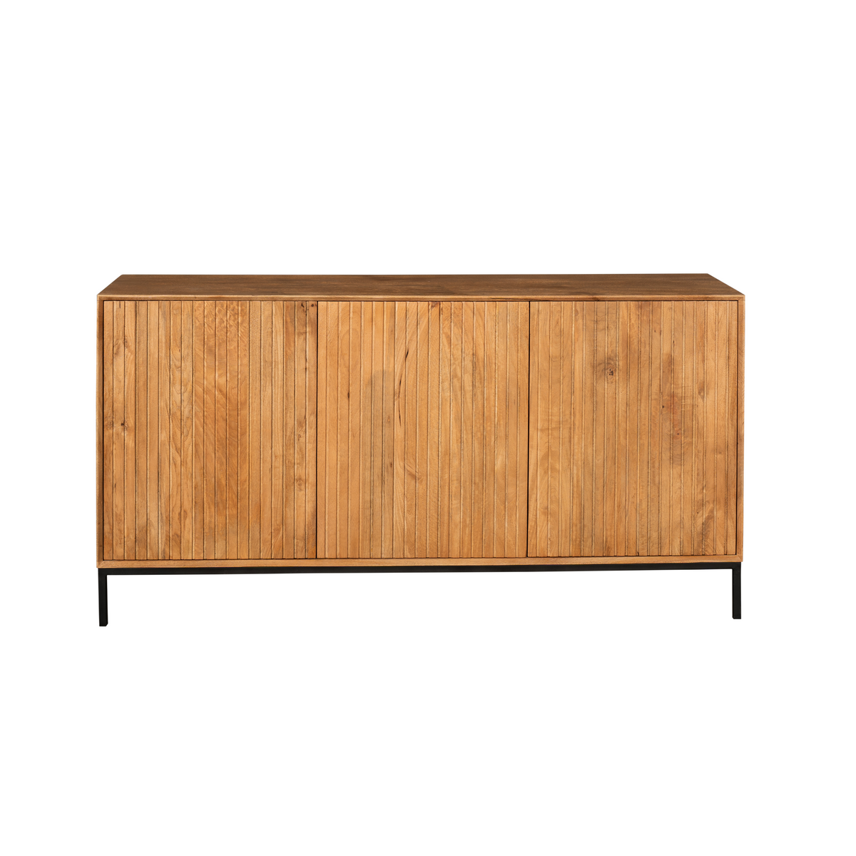 Dressoir met natuurhouten lattenfront en twee deuren, zwart onderstel.