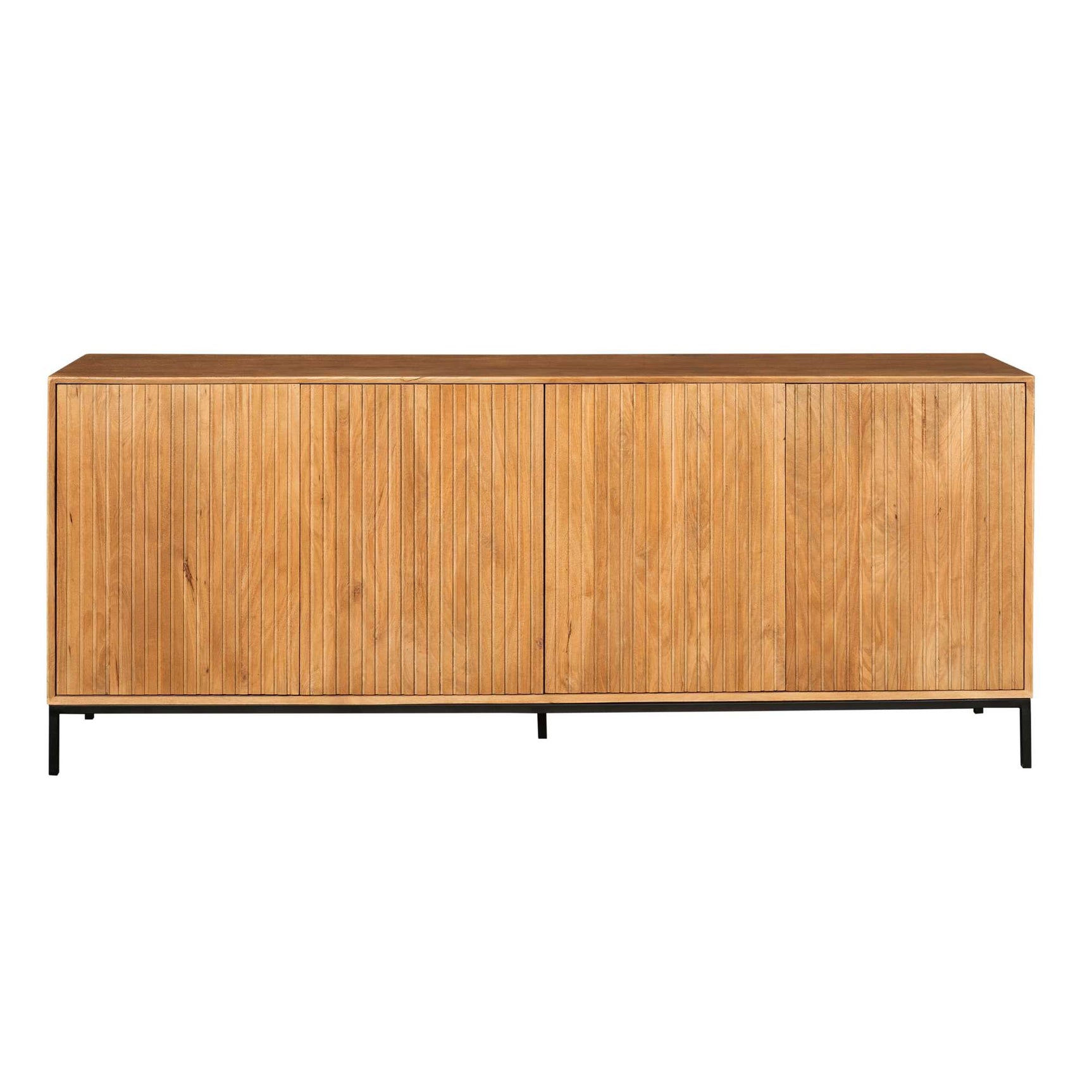 Dressoir van naturel hout met vlak bovenblad en zwarte pootjes, front aanzicht.