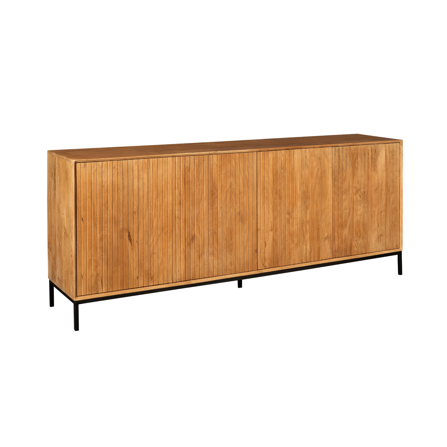 Dressoir van naturel hout met zwarte poten en rechthoekig frontpaneel.