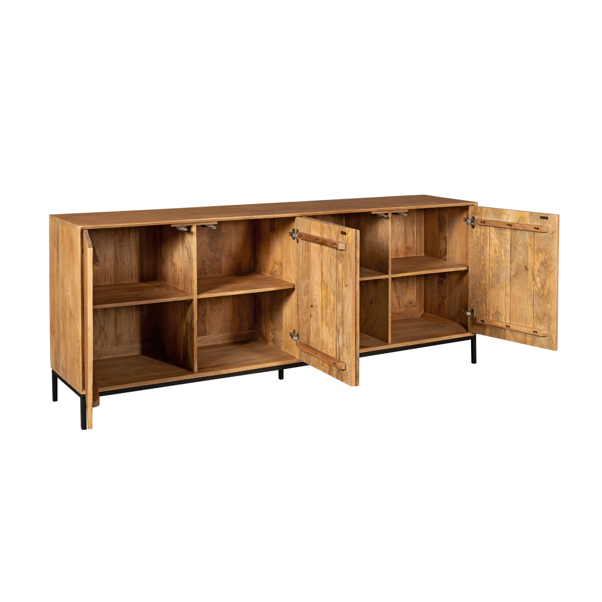 Dressoir met open deuren en binnenruimtes, naturel hout en zwarte poten.