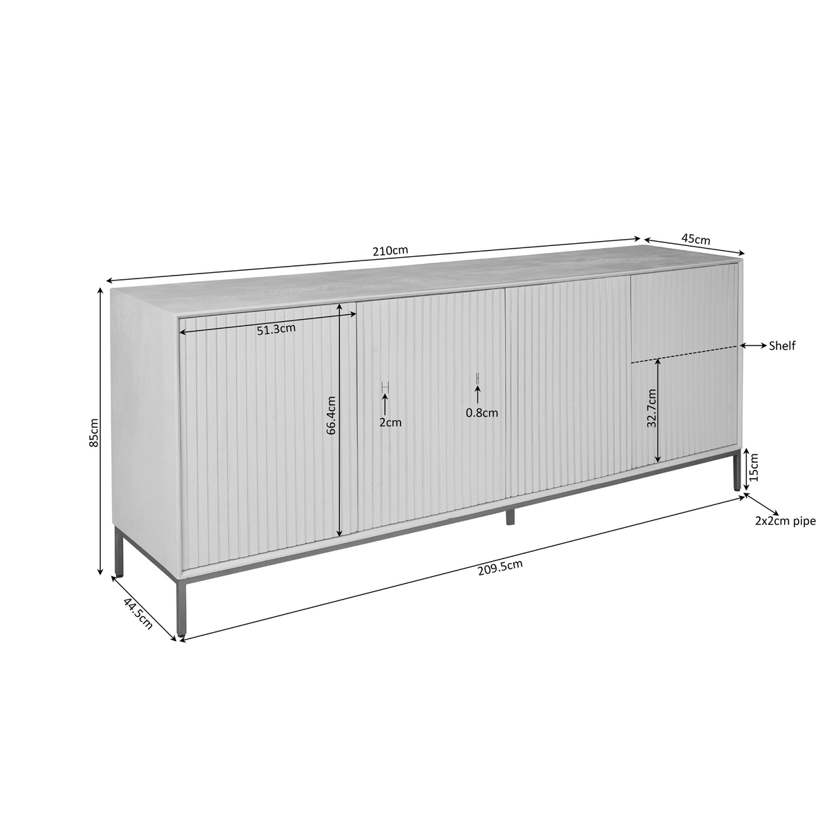 Technische tekening dressoir met afmetingen: 210 cm breed en 45 cm diep.
