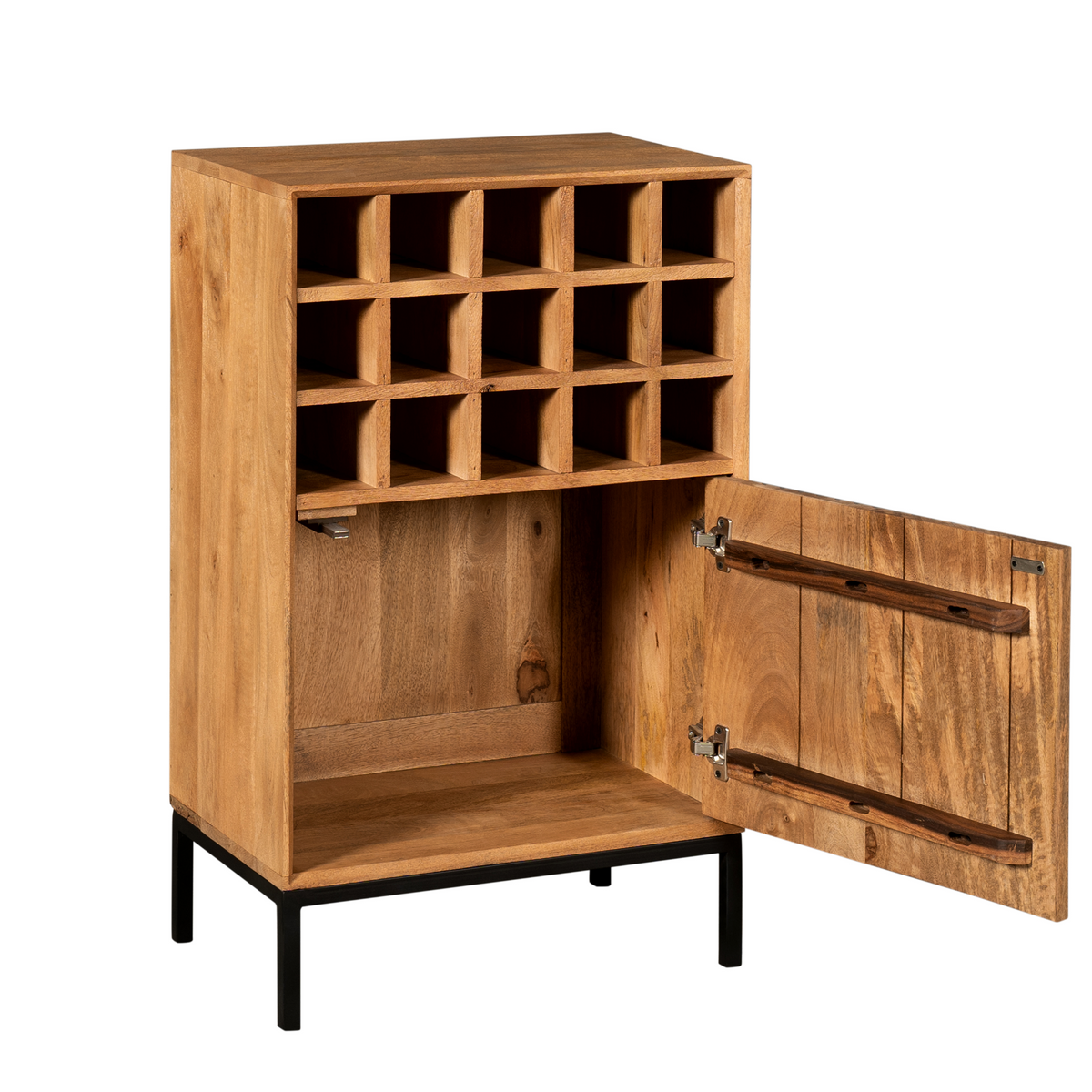 Wijnkast open deur: houten binnenzijde met vakken boven en opbergruimte onder, naturel hout.